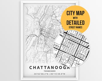 Chattanooga Tennessee Map with Street Names, Printable Chattanooga City Poster (Instant Download)