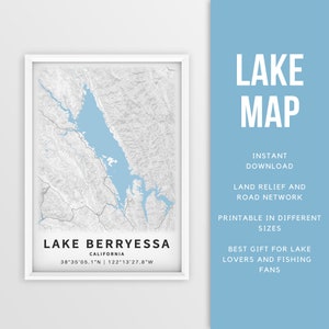 Mapa imprimible del lago Berryessa, California, EE. UU. - Descarga instantánea \ Mapa del lago \ Cartel del mapa \ Decoración de la casa del lago \ LakeLife \ Pesca \ Paseos en bote