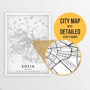 Afdrukbare kaart van Sofia, Bulgarije met straatnamen - Instant Download \ Stadsplattegrond \ Reiscadeau \ Stadsposter \ Wegenkaart afdrukken \ Stratenplan