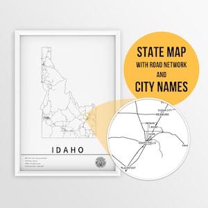 Carte imprimable de l'Idaho avec les noms des villes et des routes - téléchargement immédiat \ State Map \ Map Art \ Push Pin Map \ Travel Planner \ Idaho Poster