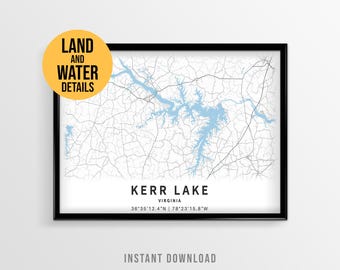 Kerr Lake Map Poster, Printable North Carolina Virginia Lake House Decor (Instant Download)
