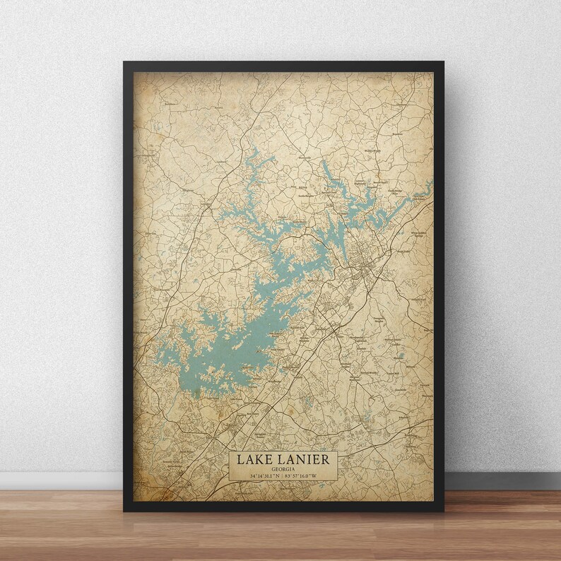 Lake Lanier Vintage Style Map, Printable Georgia Lake House Poster ...