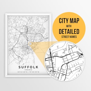 Printable Map of Suffolk, Virginia, USA with Street Names - Instant Download \ City Map \ Travel Gift \ City Poster \ Road Map Print