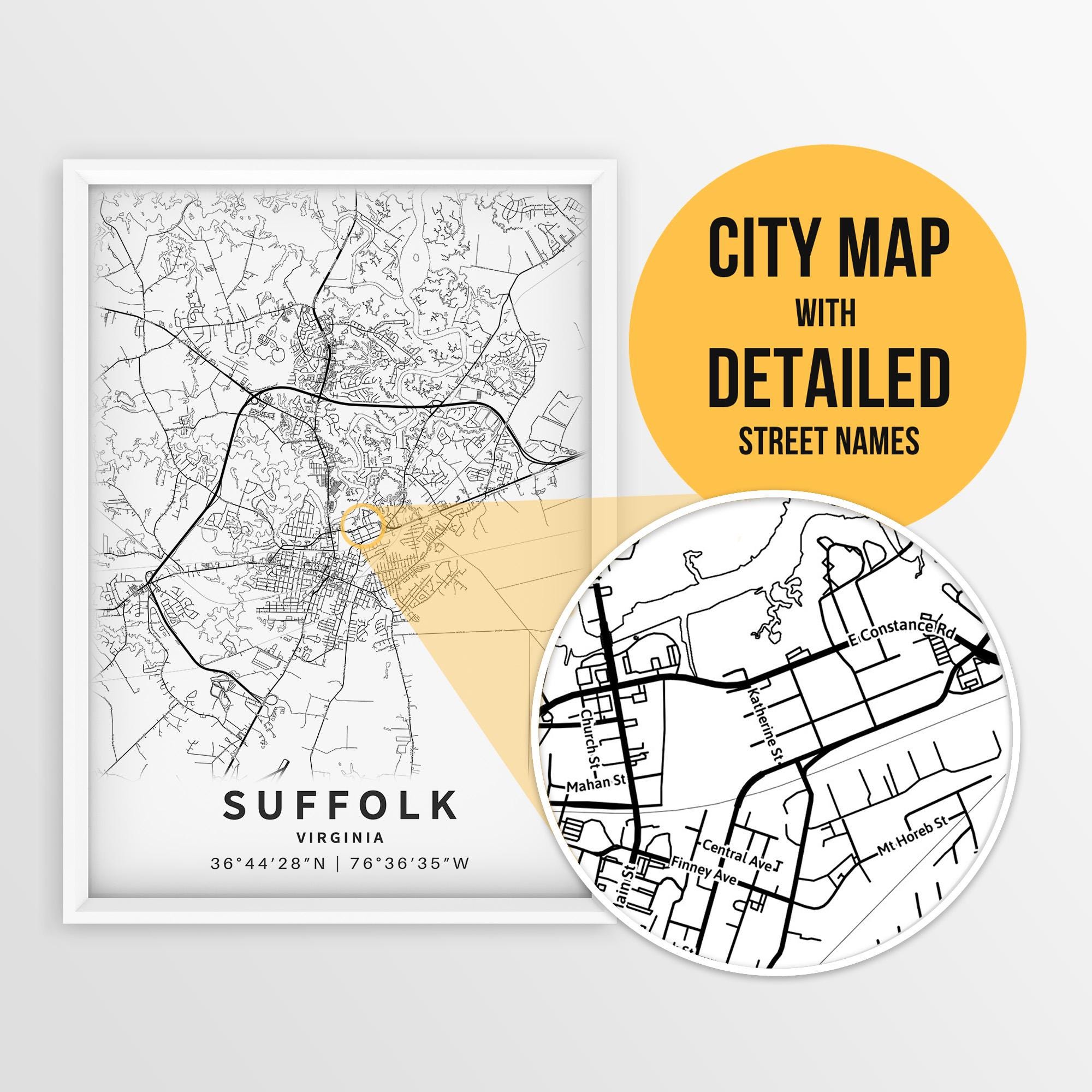 Printable Map of Suffolk, Virginia, USA With Street Names - Instant ...