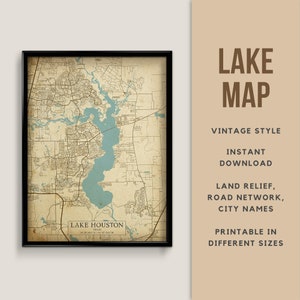 Mapa de estilo vintage imprimible del lago Houston, Texas, EE. UU. con nombres de ciudades - Descarga instantánea \ Mapa del lago \ Arte de la pared \ Mapa del lago \ Mapa rústico
