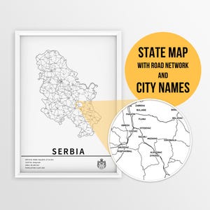 Carte imprimable de la Serbie avec les noms des villes et des routes - téléchargement immédiat \ carte du pays \ impression de carte \ carte à épingles \ planificateur de voyage \ art mural