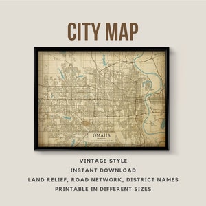 Carte imprimable de style vintage d'Omaha, Nebraska, États-Unis - téléchargement immédiat \ plan des rues \ art mural \ affiche de carte \ style antique \ impression de carte
