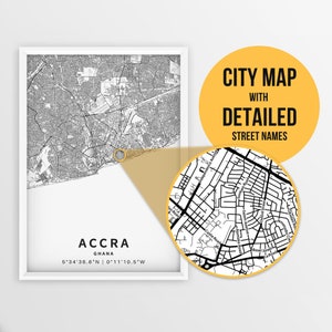 Mapa imprimible de Accra, Ghana con nombres de calles - Descarga instantánea \ Mapa de la ciudad \ Arte de la pared \ Impresión de mapas \ Mapa de carteles \ Mapa de carreteras de Ghana