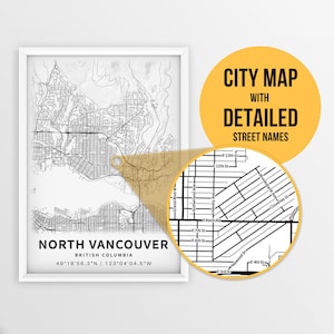 Mapa imprimible del norte de Vancouver, Columbia Británica, Canadá con nombres de calles - Descarga instantánea \ Mapa de la ciudad \ Regalo de viaje \ Impresión de mapa de carreteras