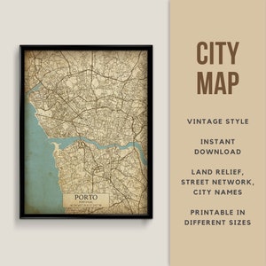 Printable Vintage Style Map of Porto, Portugal - Instant Download \ Street Map \ Wall Art \ Map Poster \ Antique \ Map Print \ Portugal Gift