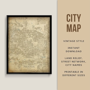 Carte de style vintage imprimable de Phoenix, Arizona, États-Unis - téléchargement immédiat \ plan des rues \ art mural \ affiche de carte \ antiquité \ impression de carte \ Arizona