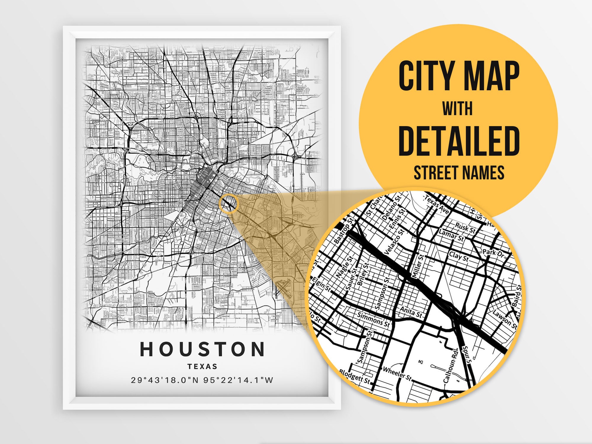 Printable Map of Houston TX Texas - Il Fullxfull.2929000310 Fmqq