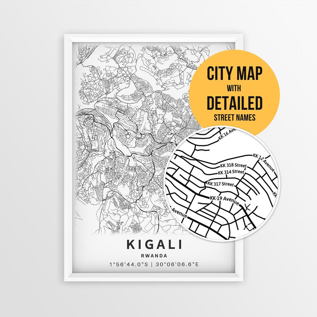 Kigali Rwanda Map With Street Names, Printable Kigali City Poster ...