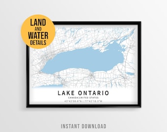 Lake Ontario Map Poster, Printable Canada and USA Lake House Decor (Instant Download)