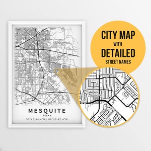 Druckbare Karte von Mesquite, Texas, USA mit Straßennamen - sofortiger Download ~ Karte ~ ~ Stadt Karte ~ Strassen Karte Print