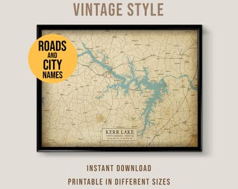 Kerr Lake North Carolina Map, Vintage Style Printable Wall Art (Instant Download)