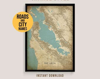 Bay Area, California Vintage Style Map, Printable San Francisco Area Poster (Instant Download)