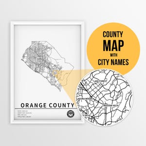 Carte imprimable du comté d'Orange, en Californie, avec les noms des villes et des routes - téléchargement immédiat \ art de la carte \ planificateur de voyage \ carte avec épingles \ impression de carte