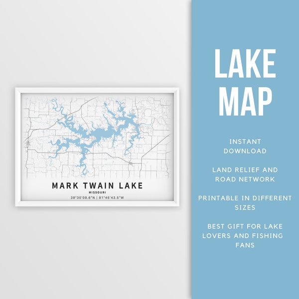 Printable Map Mark Twain Lake, Missouri, US - Instant Download \ Lake Map \ Wall Art \ Fishing Poster \ Lake House Decor \ LakeLife \Boating