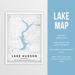 Mappa stampabile del lago Hudson, Oklahoma, Stati Uniti - Download istantaneo \ Mappa del lago \ \ Poster della mappa \ Arredamento della casa sul lago \ LakeLife \ Pesca \ Canottaggio