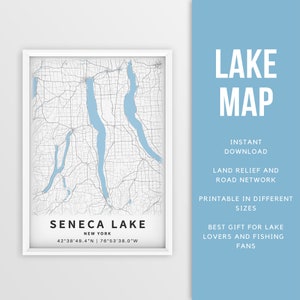 Mapa imprimible del lago Seneca, Nueva York, EE. UU. - Descarga instantánea \ Mapa del lago \ Cartel del mapa \ Decoración de la casa del lago \ LakeLife \ Pesca \ Paseos en bote
