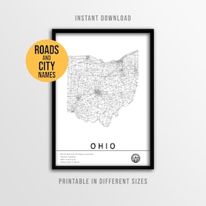 Ohio Map Poster, Printable USA Road Map with City names (Instant Download)
