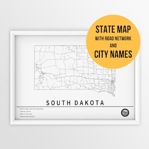 Carte imprimable du Dakota du Sud avec les noms des villes et des routes - téléchargement immédiat \ State Map \ Map Art \ Travel Planner \ Push Pin Map \ Poster