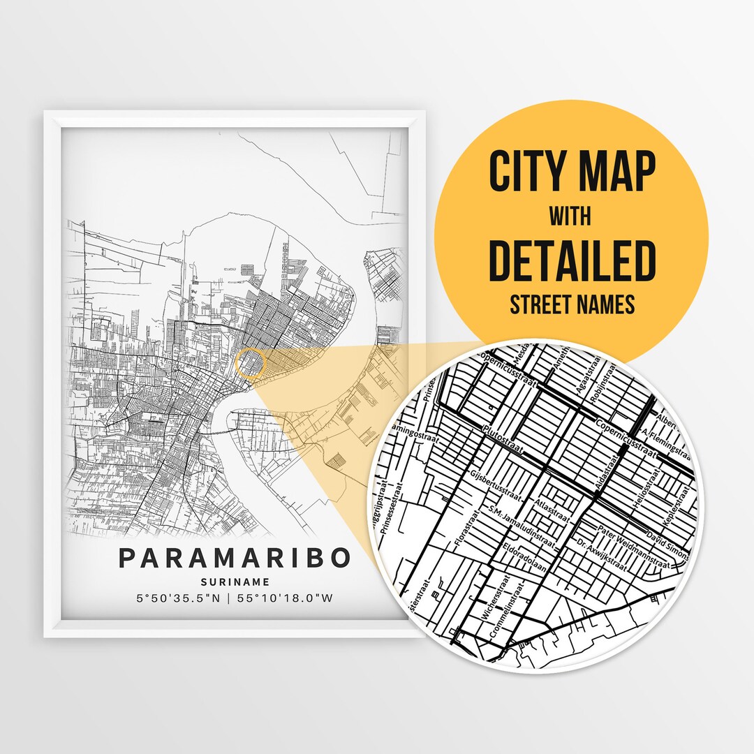 Printable Map of Paramaribo, Suriname With Street Names - Instant ...