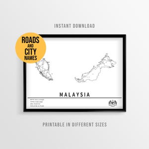 Mapa da Malásia em pôster, mapa rodoviário imprimível com nomes de cidades (download instantâneo)