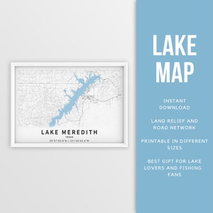 Mapa imprimible del lago Meredith, Texas - Descarga instantánea \ Mapa del lago \ Arte de la pared \ Cartel del mapa \ Decoración de la casa del lago \ LakeLife \ Pesca \ Navegación