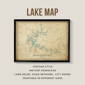 Druckbare Vintage Stil Karte von Rough River Lake, Kentucky, USA mit Städtenamen - Sofort Download \ Lake Map \ Wall Art \ Map Poster
