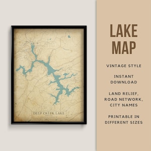 Vintage Style Map of Deep Creek Lake, Maryland, USA with City names - Instant Download \ Lake Map \ Wall Art \ Printable Poster \ Map Print