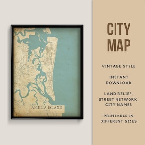 Afdrukbare vintage kaart van Amelia Island, Florida, VS - direct downloaden \ stratenplan \ kaartposter \ antieke stijl \ kaart afdrukken \ cadeau Florida