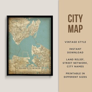 Kaart in vintagestijl van Hampton Roads, Virginia, VS - direct downloaden \ stratenplan \ muurkunst \ kaartposter \ antieke stijl \ kaartafdruk