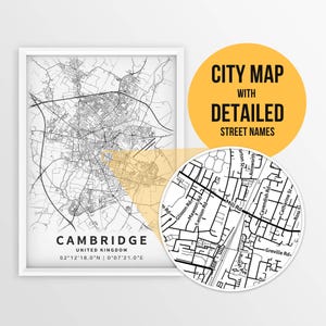 Mapa imprimible de Cambridge, Inglaterra, Reino Unido con nombres de calles - Descarga instantánea \ Mapa de la ciudad \ Regalo de viaje \ Póster de la ciudad \ Mapa de carreteras
