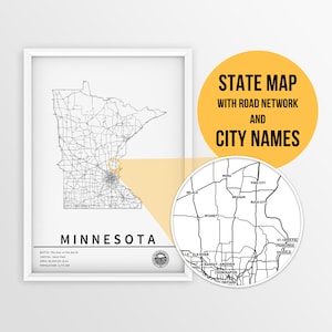 Afdrukbare kaart van Minnesota, Verenigde Staten met stadsnamen en wegen - Instant Download \ State Map \ Wall Art \ Travel Planner \ Map Poster