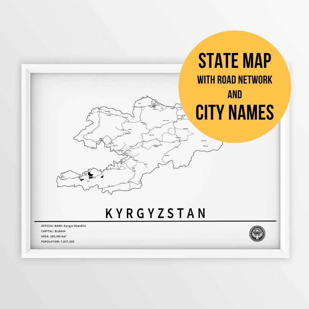 Printable Map of Kyrgyzstan With City Names and Roads - Instant Download \ Country Map \ Push ...