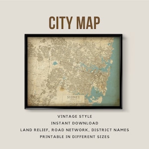 Mapa de estilo vintage imprimible de Sydney, Australia - Descarga instantánea \ Mapa de calles \ Cartel del mapa \ Antiguo \ Impresión de mapas \ Rústico \ Regalo de Sydney