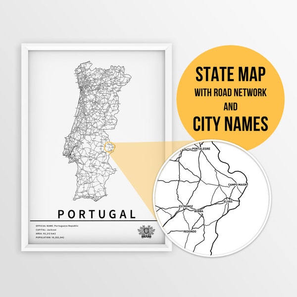 Printable Map of Portugal with city names and roads - Instant Download \ Country Map \ Map Print \ Push Pin Map \ Travel Planner \  Wall Art