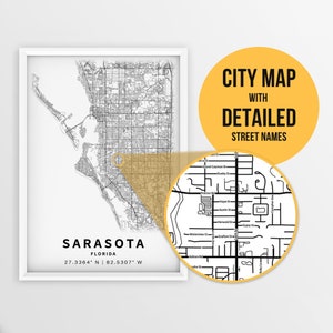 Afdrukbare kaart van Sarasota, Florida, VS met straatnamen - Instant Download \ Stadsplattegrond \ Reiscadeau \ Stadsposter \ Routekaart afdrukken