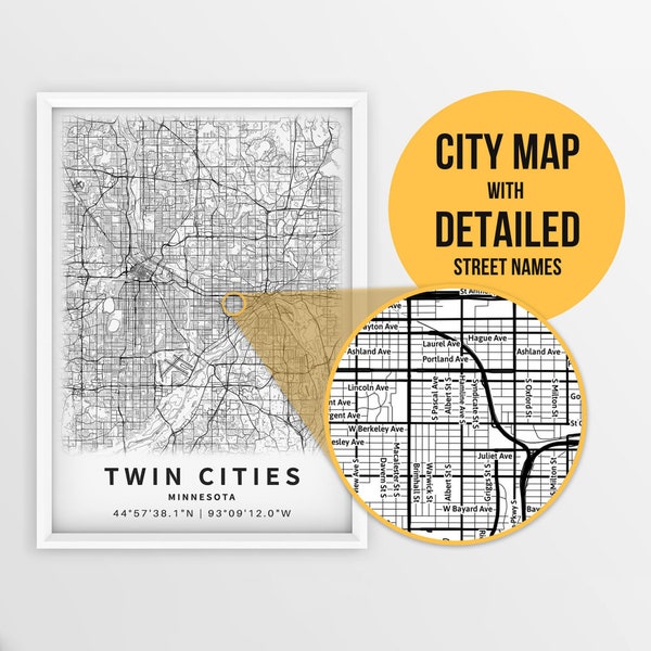 Printable Map of Twin Cities, Minneapolis – Saint Paul, Minnesota, USA with Street Names - Instant Download \ City Map \ Gift \ City Poster