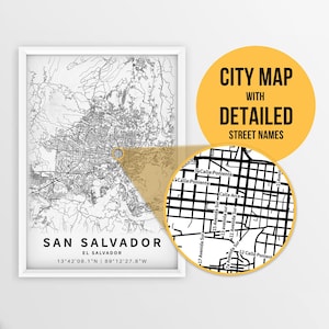 Mapa para impressão de San Salvador, El Salvador com nomes de ruas - Download instantâneo \ Mapa da cidade \ Presente de viagem \ Cartaz da cidade \ Impressão de roteiro