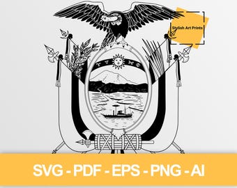 May include: A black and white line art illustration of the Ecuadorian coat of arms featuring a condor with wings spread above an oval frame containing a sun, mountain, river, and steamship, flanked by flags, spears, and a fasces.