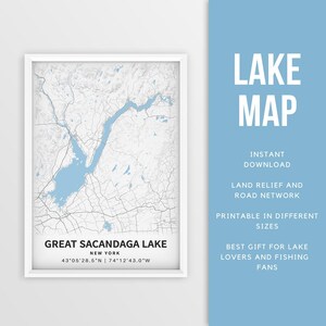 Mappa stampabile del Great Sacandaga Lake, New York, Stati Uniti - Download immediato \ Mappa del lago \ Poster mappa \ Decorazione della casa sul lago \ Vita sul lago \ Pesca