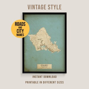 O‘ahu, Hawaii, USA Vintage Style Map, Printable Hawaii City Poster (Instant Download)