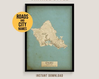 O‘ahu, Hawaii, USA Vintage Style Map, Printable Hawaii City Poster (Instant Download)