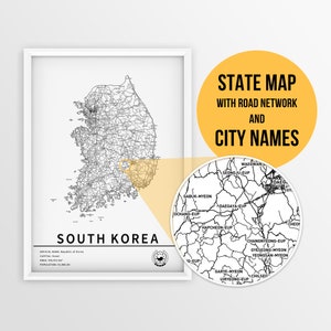 Carte imprimable de la Corée du Sud avec les noms des villes et des routes - téléchargement immédiat \ carte du pays \ impression de carte \ carte à épingles \ planificateur de voyage
