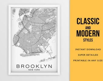 Printable map of Brooklyn, New York City USA city map - Instant Download \ Street Map \ Wall Art \ Map Poster