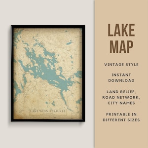 Vintage Stil Karte von Lake Winnipesaukee, New Hampshire, USA mit Städtenamen - Sofort Download \ Lake Karte \ Wall Art \ Map Poster \ Map Print