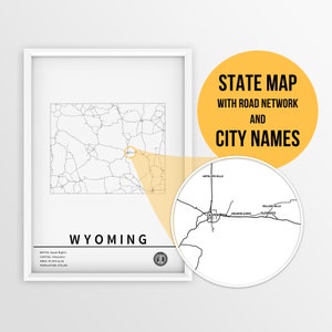 Carte imprimable du Wyoming, aux États-Unis, avec les noms des villes - téléchargement immédiat \ State Map \ Map Art \ Push Pin Map \ Travel Planner